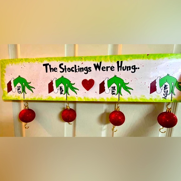 Personalized Grinch christmas stockings hanger